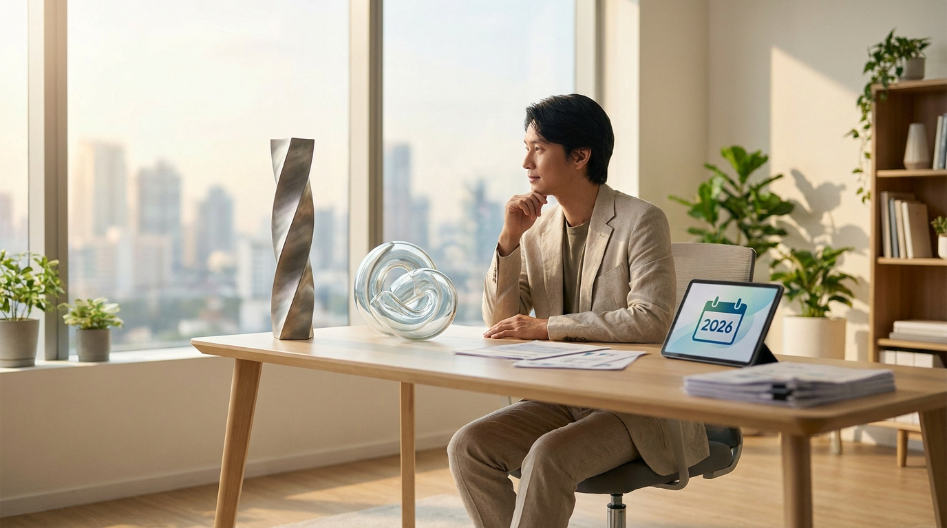 Un homme en costume assis à un bureau moderne regardant par la fenêtre avec une tablette affichant 2026.