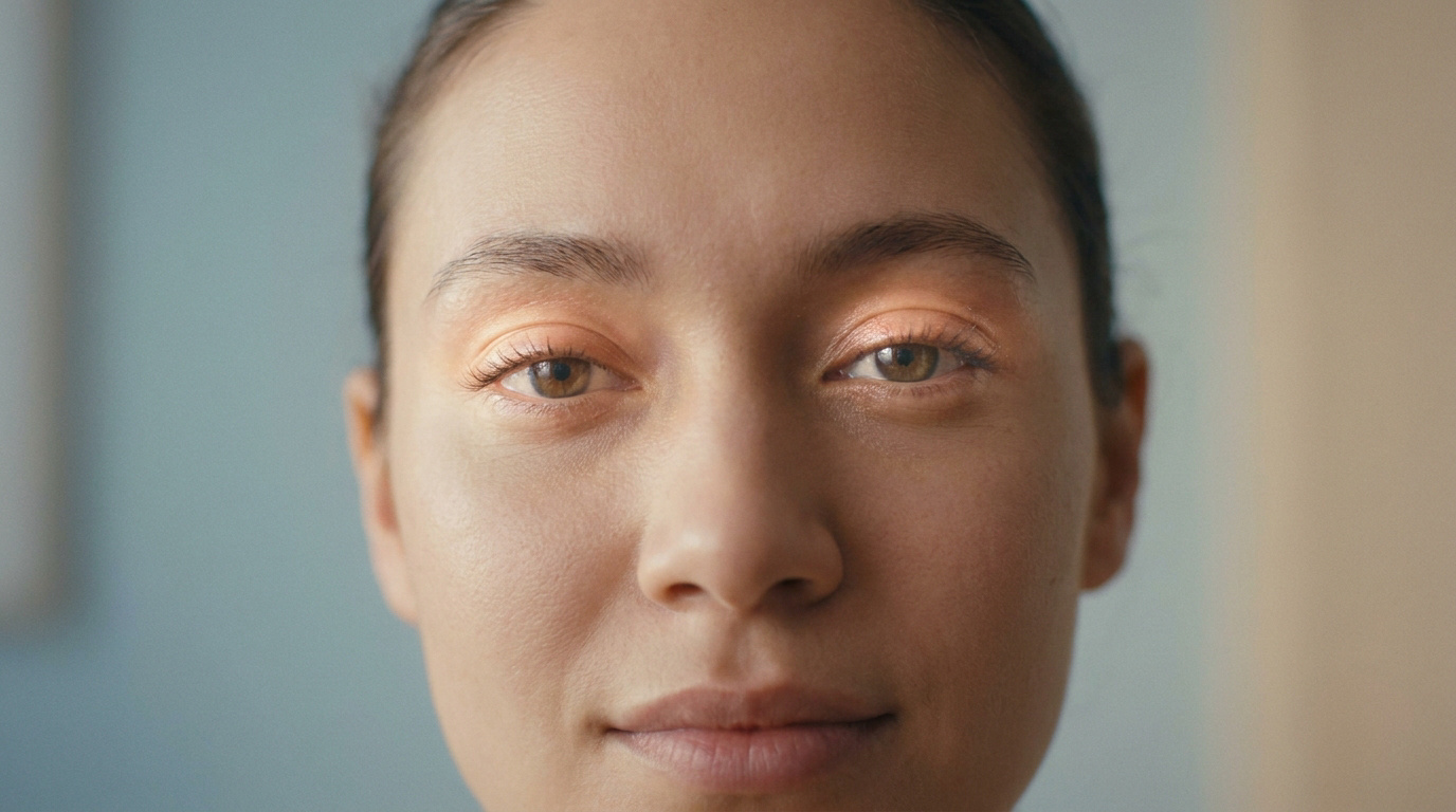 Gros plan sur le visage d'une femme aux yeux clairs, regardant directement vers l'appareil photo.