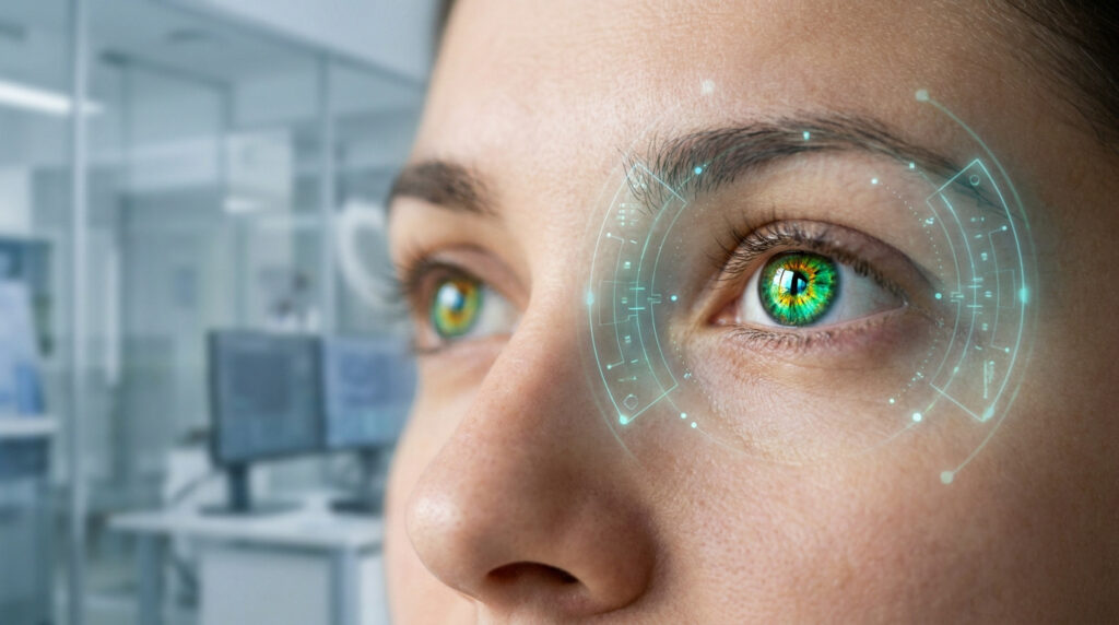 Gros plan sur un œil humain avec une interface holographique numérique superposée, symbolisant la technologie ophtalmique.