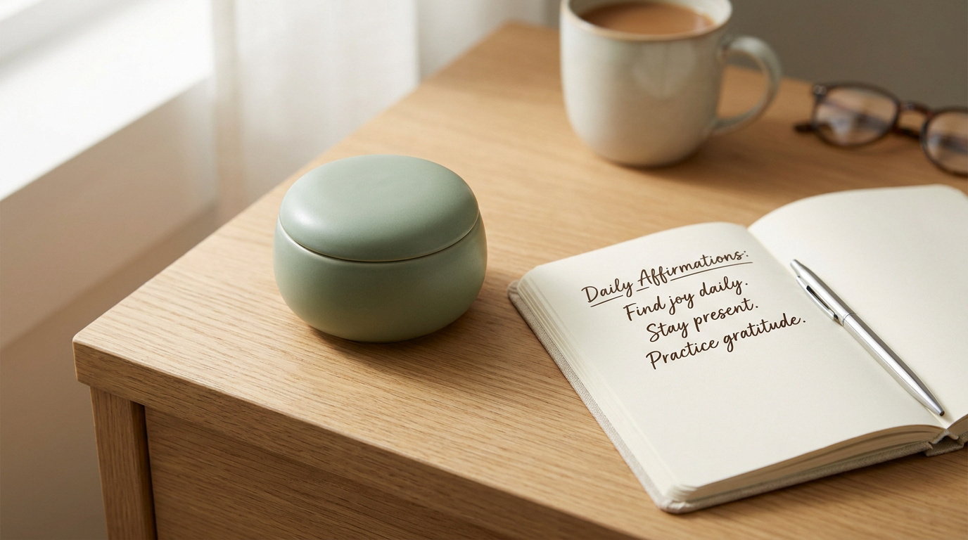 Un petit pot en céramique vert, un carnet de notes ouvert avec des affirmations quotidiennes et une tasse sur une table.