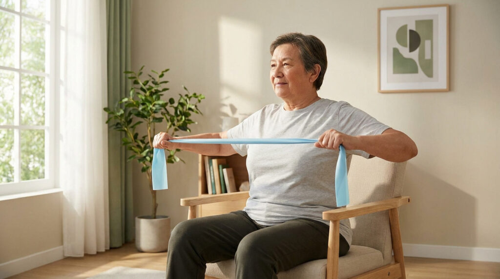 Une femme âgée faisant des exercices avec une bande élastique bleue assise sur un fauteuil dans un salon lumineux.