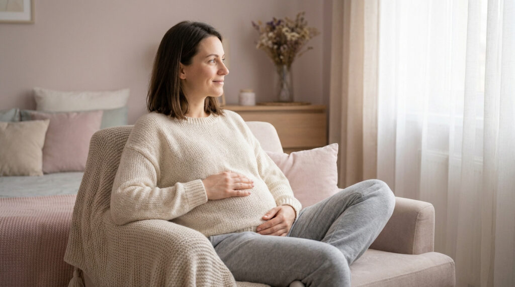 Une femme enceinte souriante assise dans un fauteuil, posant doucement ses mains sur son ventre dans une chambre calme.