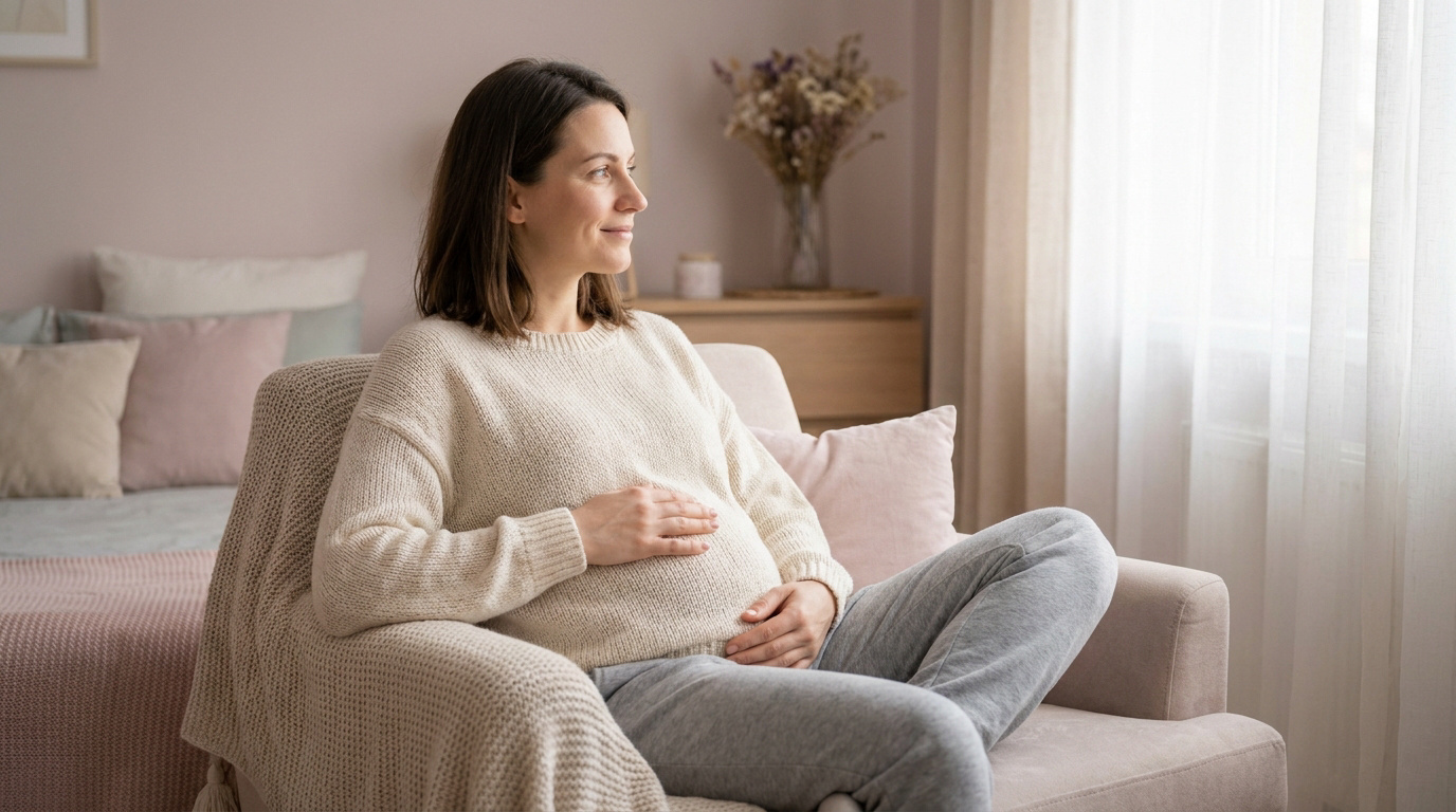 Une femme enceinte souriante assise dans un fauteuil, posant doucement ses mains sur son ventre dans une chambre calme.
