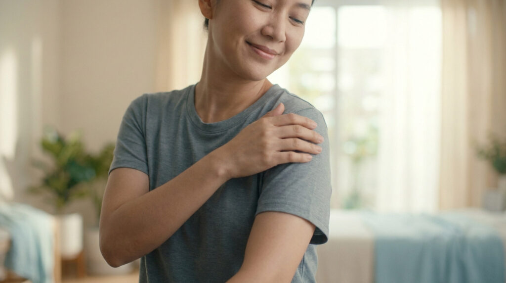 Une femme souriante touche son épaule, illustrant le soulagement après un traitement.