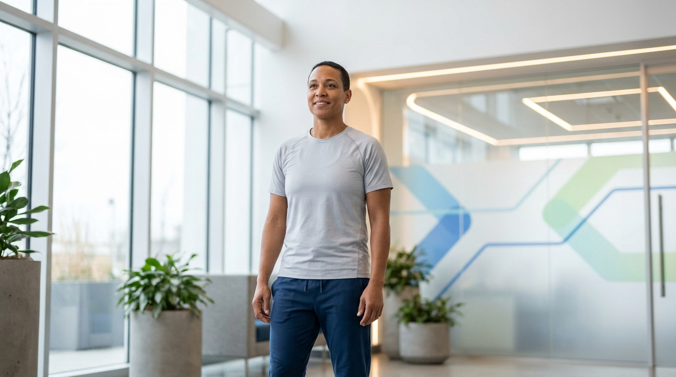 Une femme souriante en tenue de sport se tient debout dans un hall moderne et lumineux.