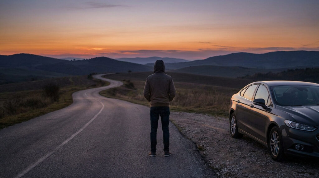 Un homme en capuche debout près d'une voiture sur une route déserte au coucher du soleil.