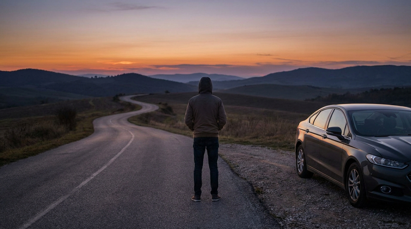 Un homme en capuche debout près d'une voiture sur une route déserte au coucher du soleil.