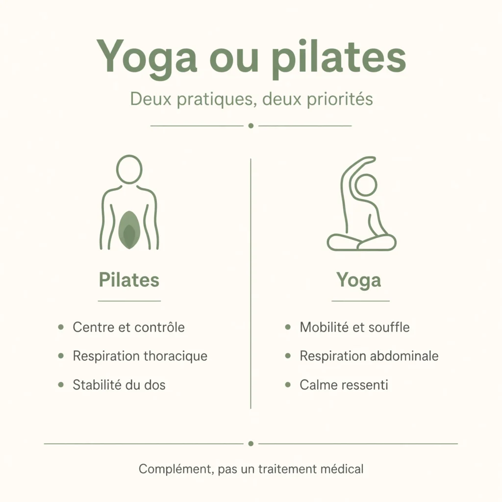 Infographie : différences entre yoga et pilates, centre, mobilité et souffle