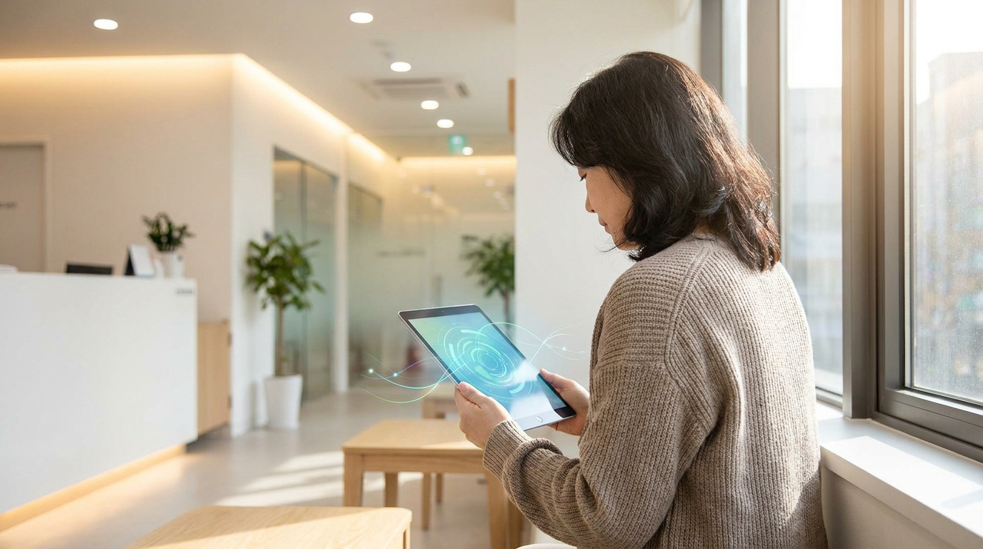Une femme consulte une tablette numérique avec une interface holographique dans une salle d'attente médicale moderne.