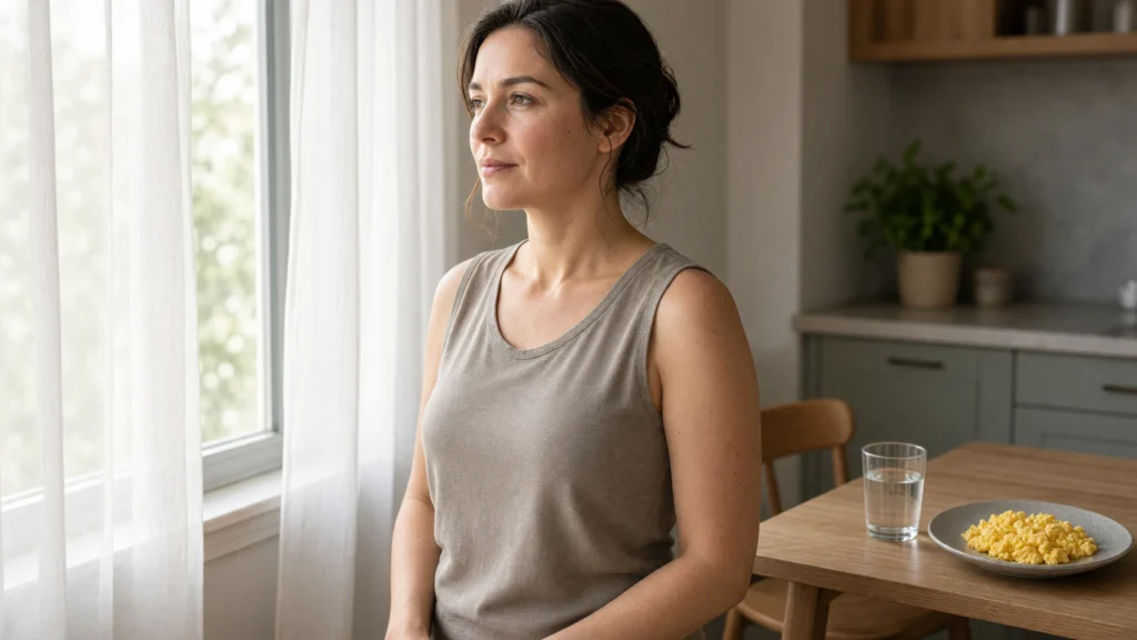 Femme à la lumière du matin près d’une fenêtre, verre d’eau et œufs sur la table