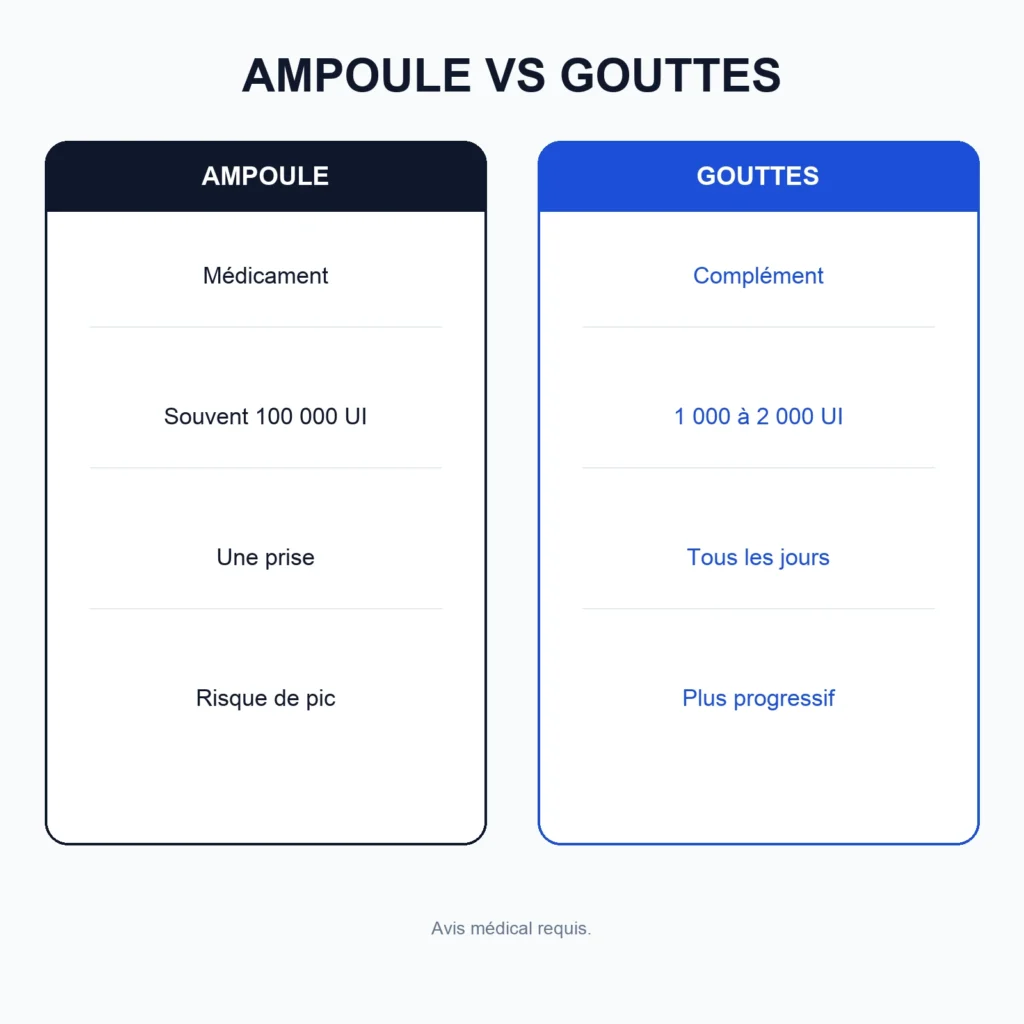 Comparatif : ampoule à haute dose versus gouttes quotidiennes de vitamine D