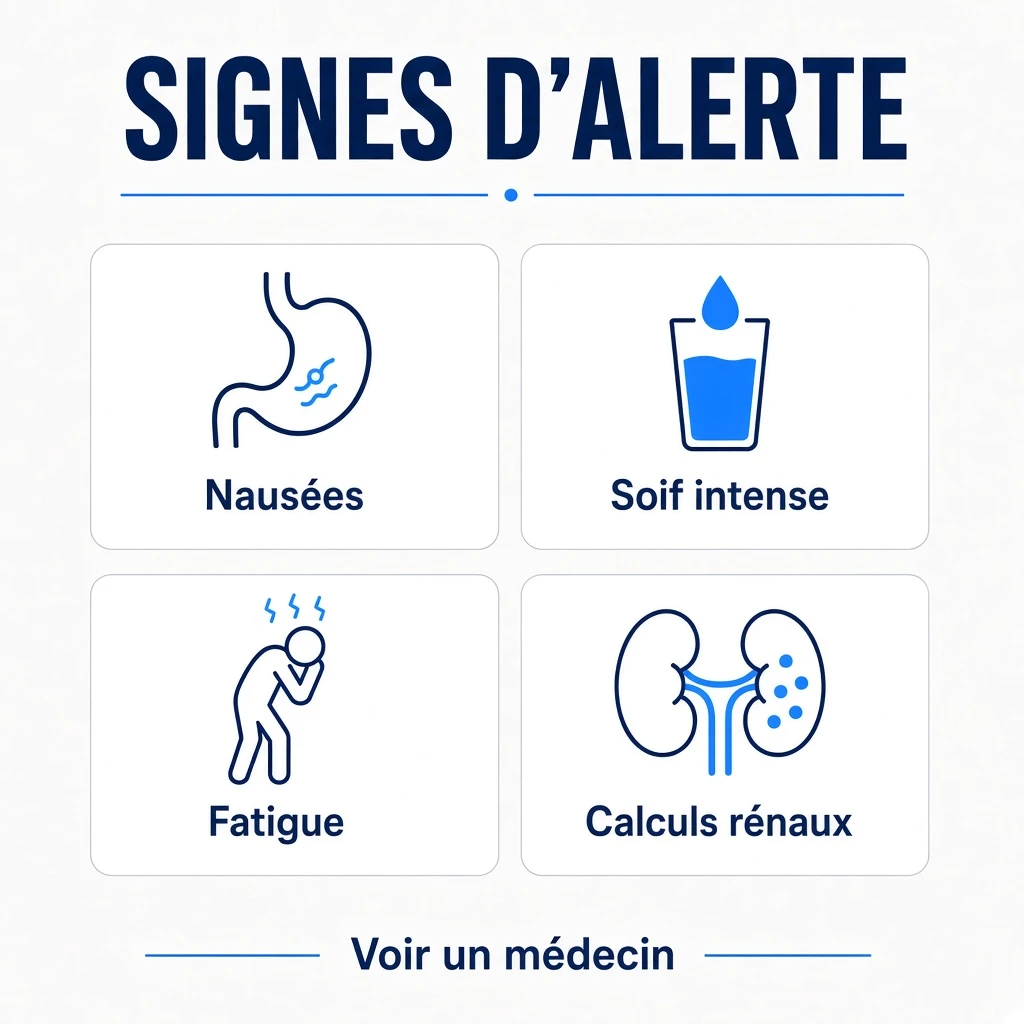 Signes d’alerte : nausées, soif intense, fatigue, calculs rénaux