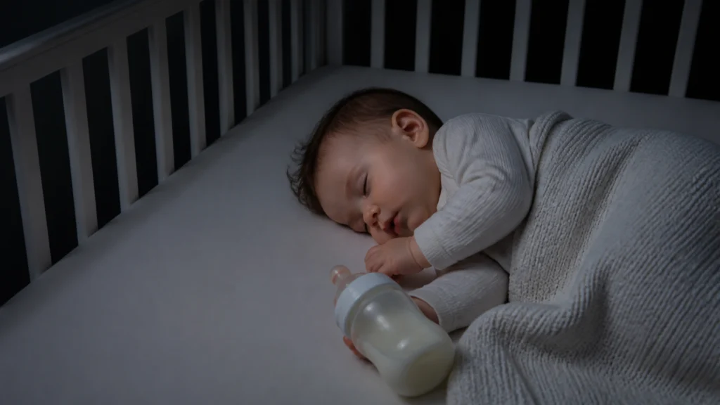 Illustration éditoriale pour l’article « Bébé s'endort sur son biberon la nuit : causes et solutions »
