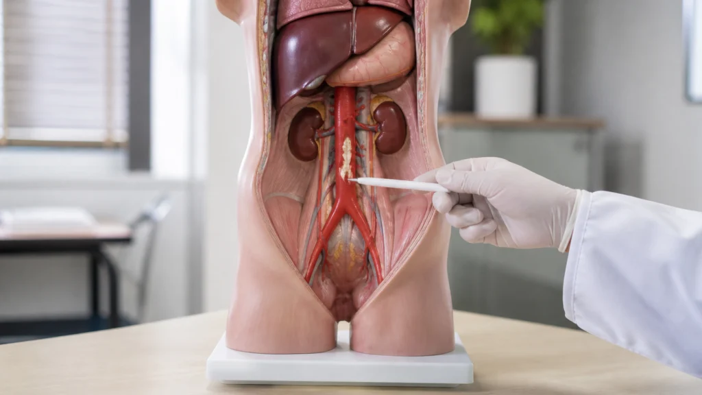 Illustration éditoriale pour l’article « Calcification de l'aorte abdominale : risques et solutions »