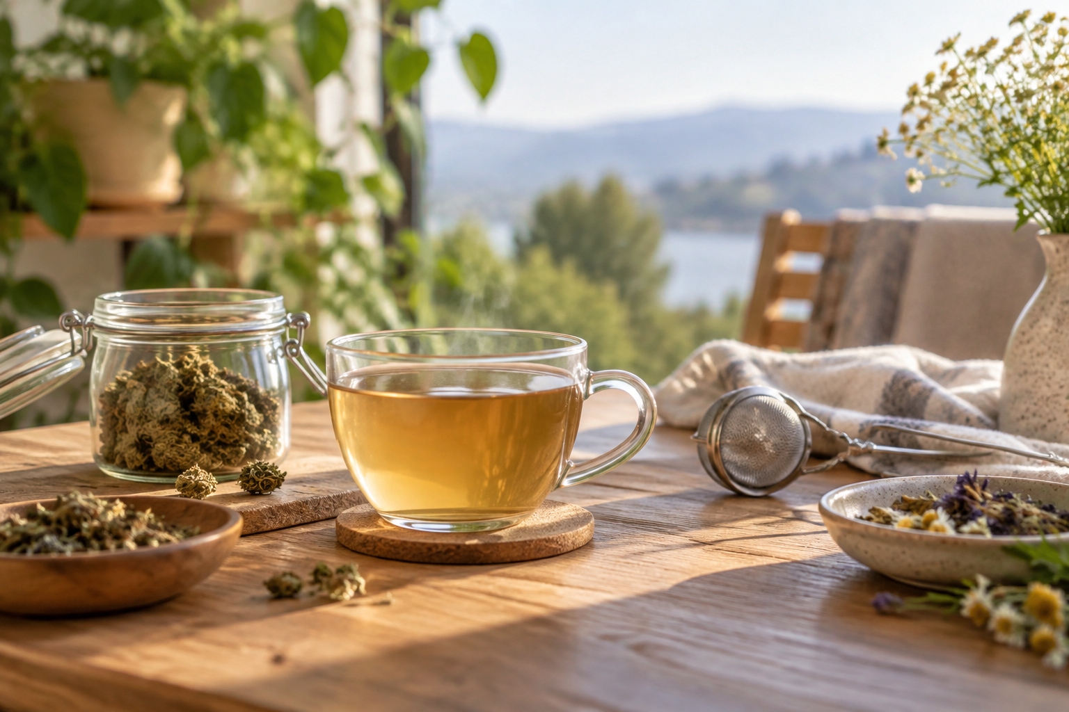 Tasse fumante d'infusion à côté d'un bocal de fleurs de CBD sur une table en bois ensoleillée.