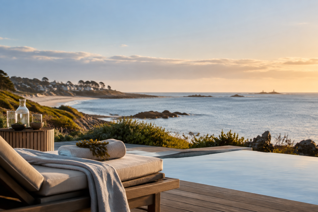 Une terrasse avec un transat et une piscine à débordement surplombant une plage bretonne au coucher du soleil.