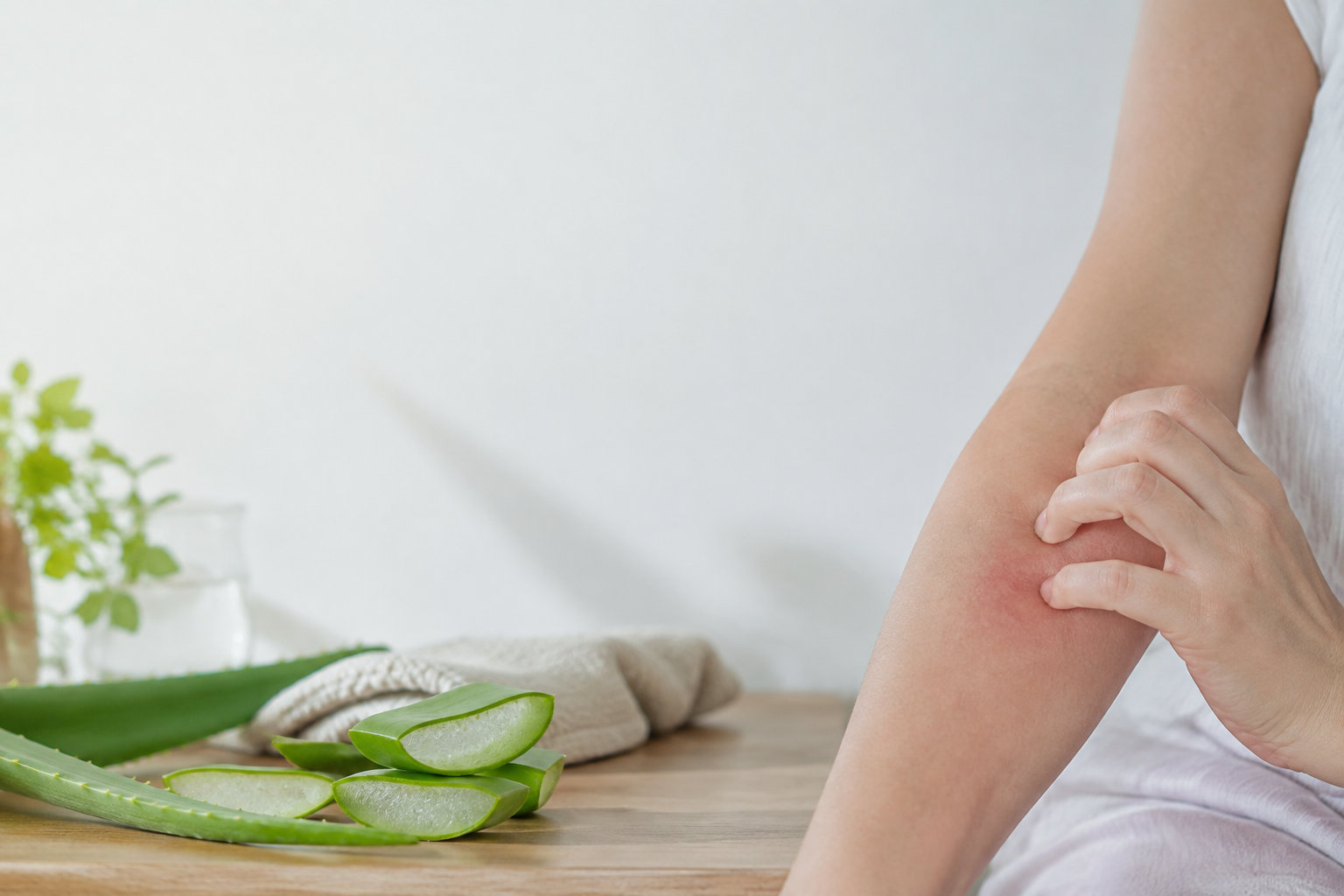 Une personne gratte une zone de peau rouge sur son bras à côté de tranches d'aloe vera fraîche sur une table.