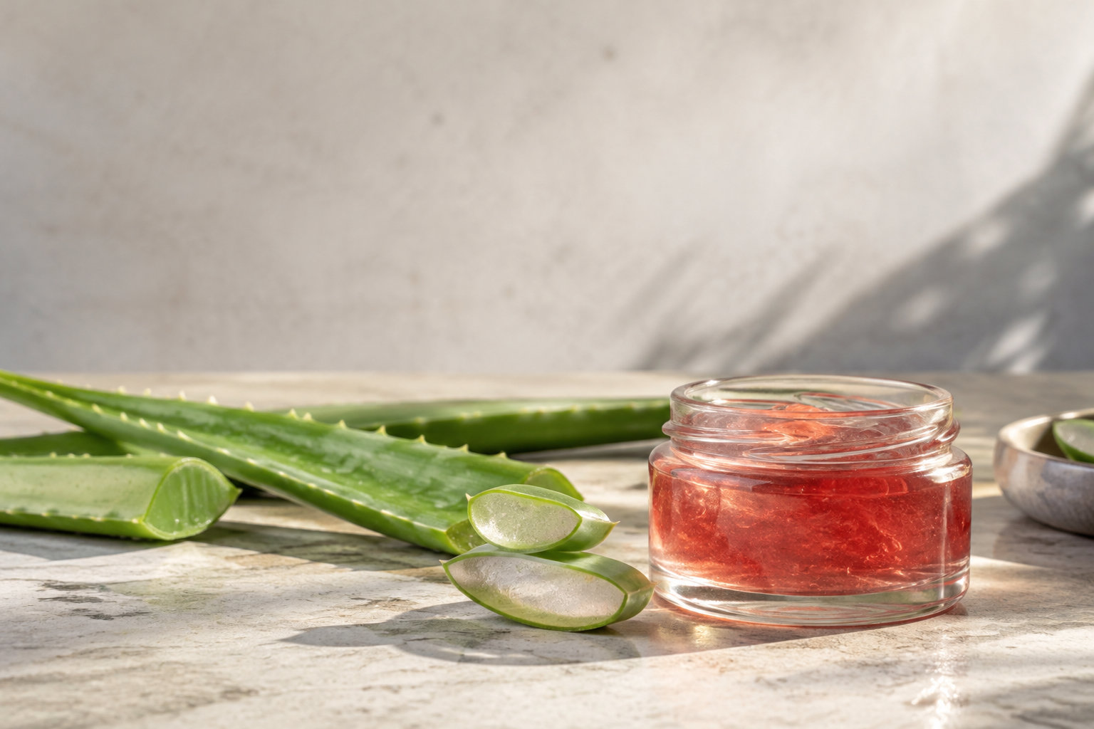Un bocal en verre rempli d'un gel d'aloe vera devenu rouge rosé, posé à côté de feuilles d'aloe vera coupées.