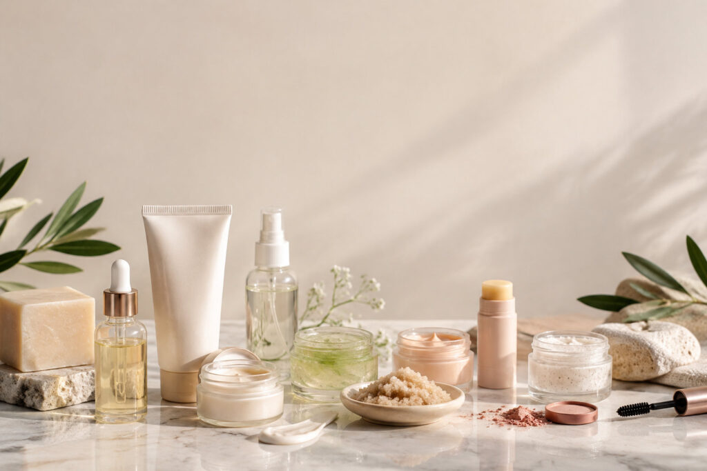 Assortiment de produits cosmétiques sur une table en marbre, incluant crèmes, sérums, savons et gommages.