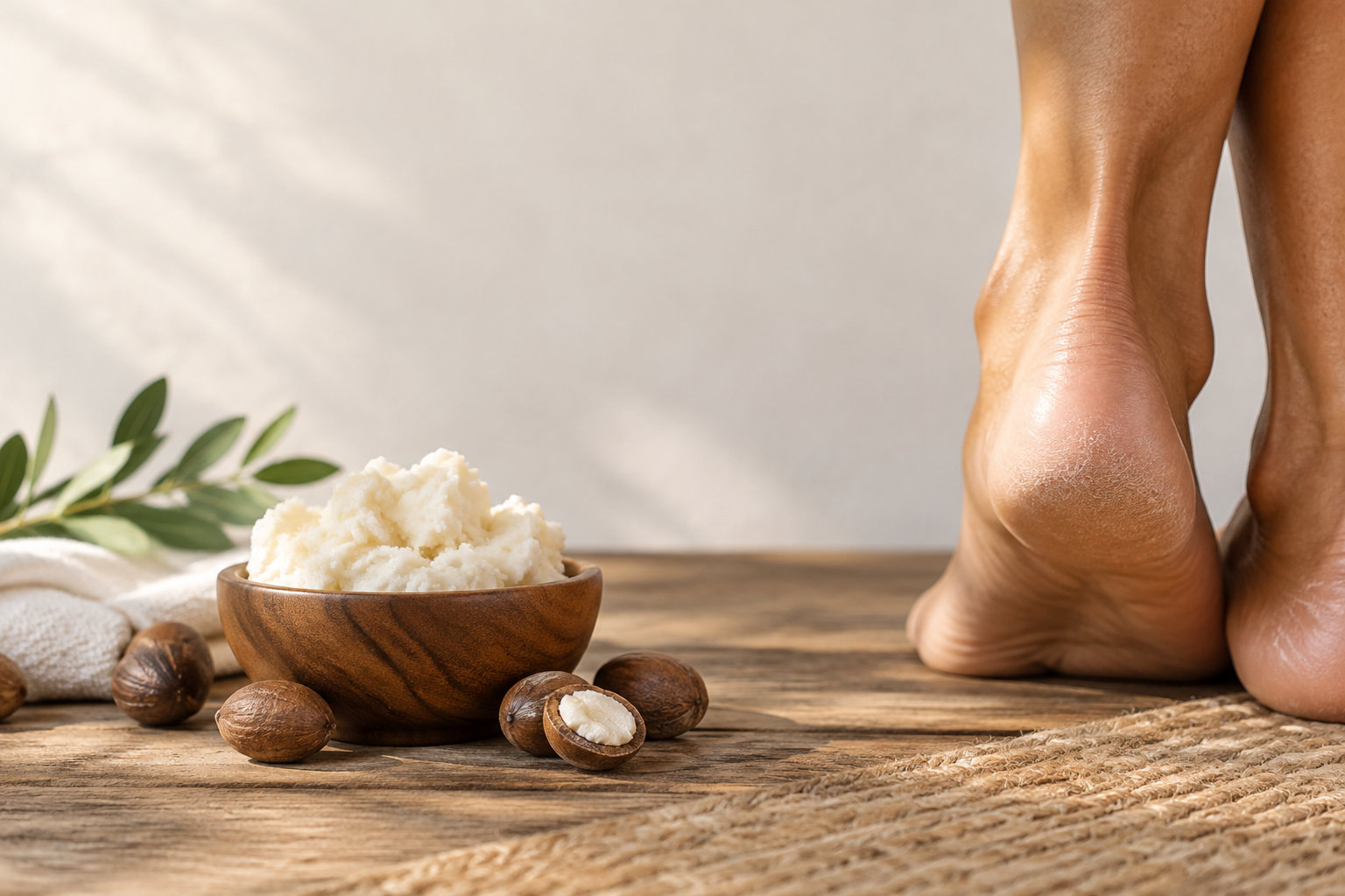 Bol de beurre de karité et noix à côté de talons secs sur une table en bois.