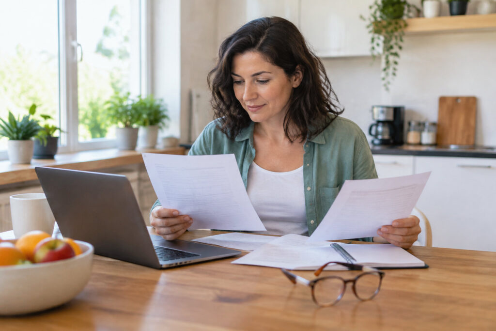 Une femme consulte des documents administratifs et un ordinateur portable dans une cuisine lumineuse.