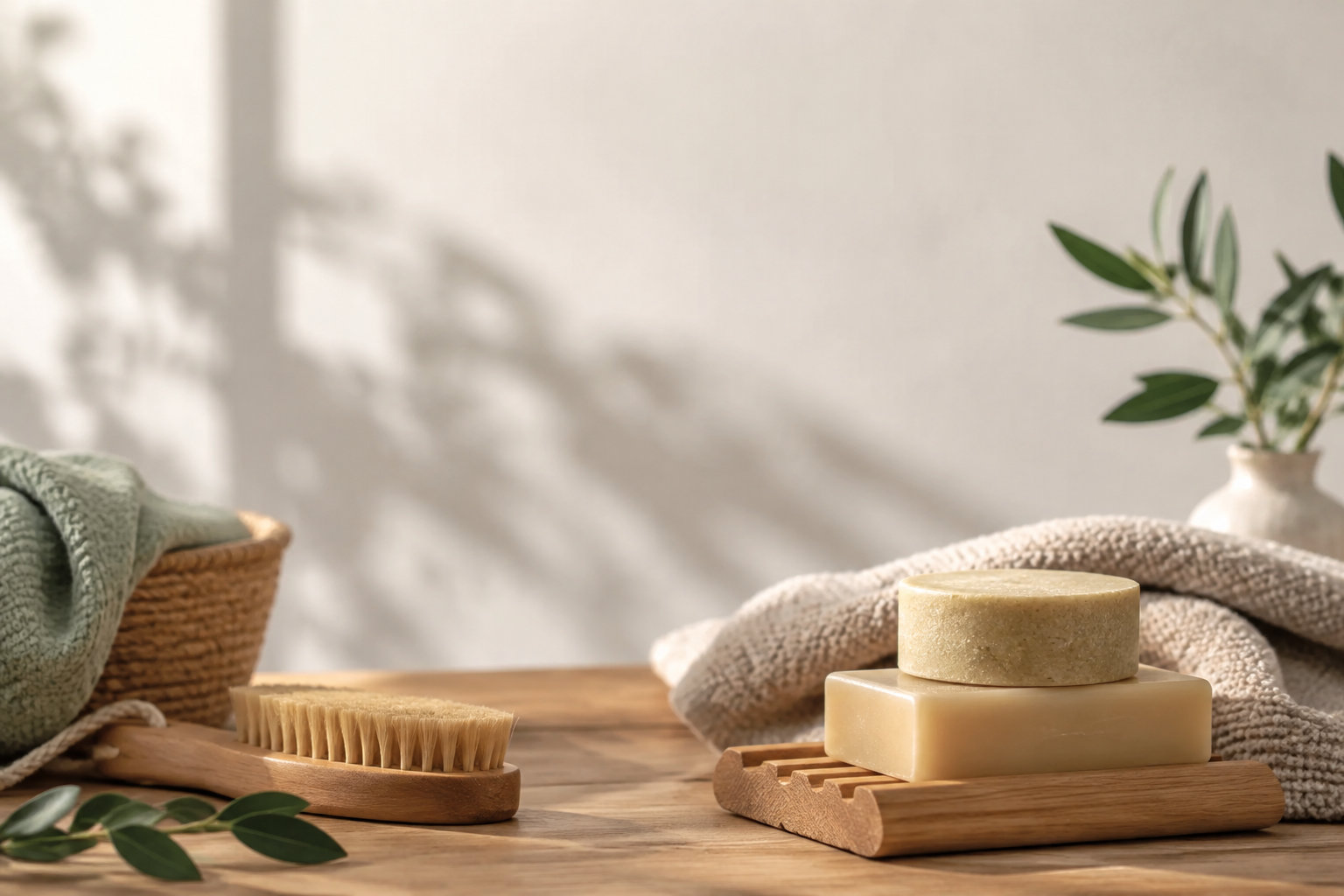 Pain de savon et shampoing solide empilés sur un porte-savon en bois avec une brosse et une serviette.