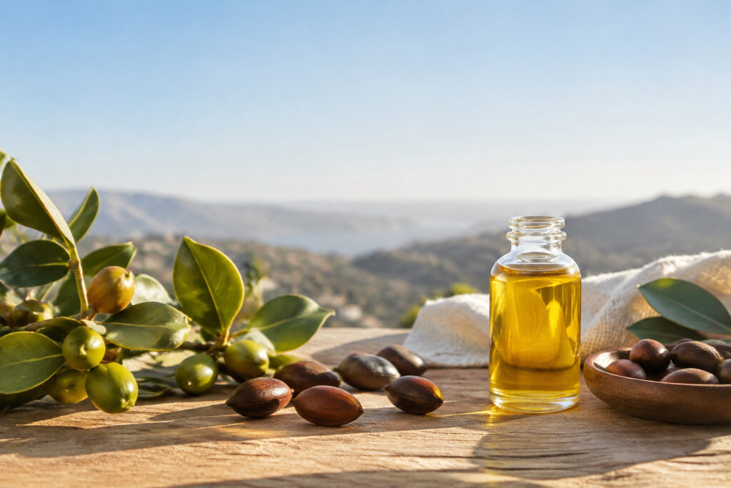 Flacon d'huile de jojoba, graines et branche de jojoba sur une table en bois avec vue sur un paysage en arrière-plan.