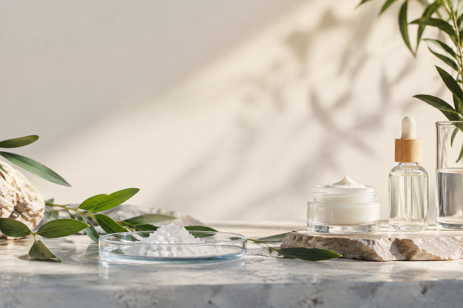 Poudre de tréhalose dans une coupelle, crème et sérum sur une pierre avec des feuilles vertes.