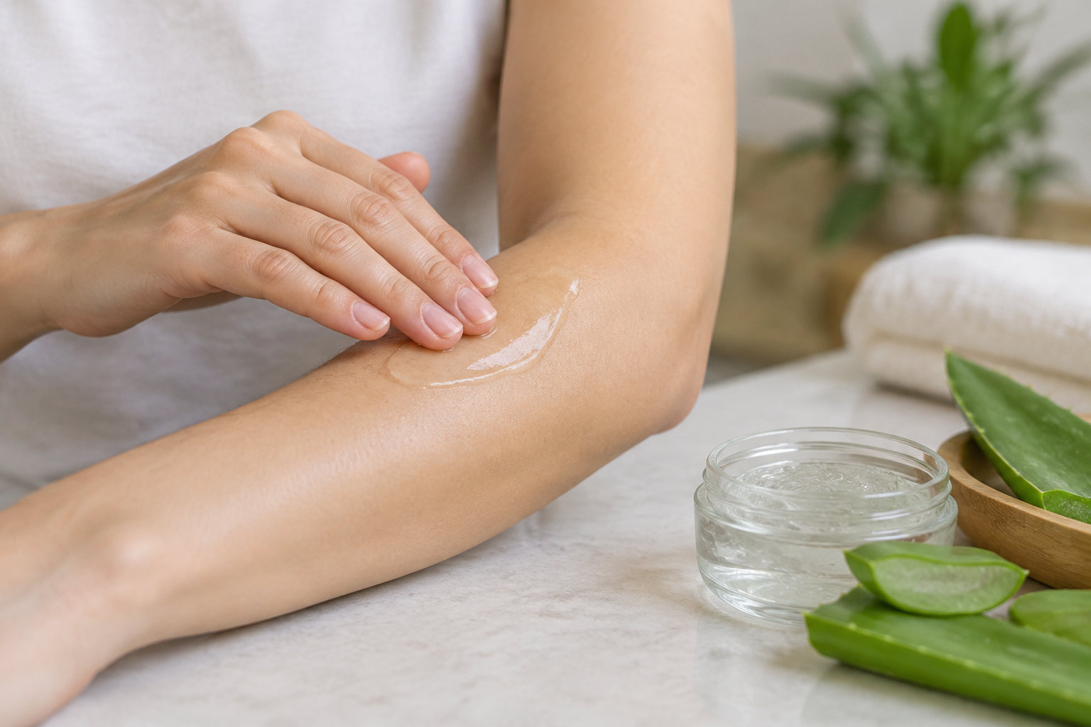 Une personne applique du gel sur son avant-bras, près d’un pot ouvert et de feuilles d’aloe vera.