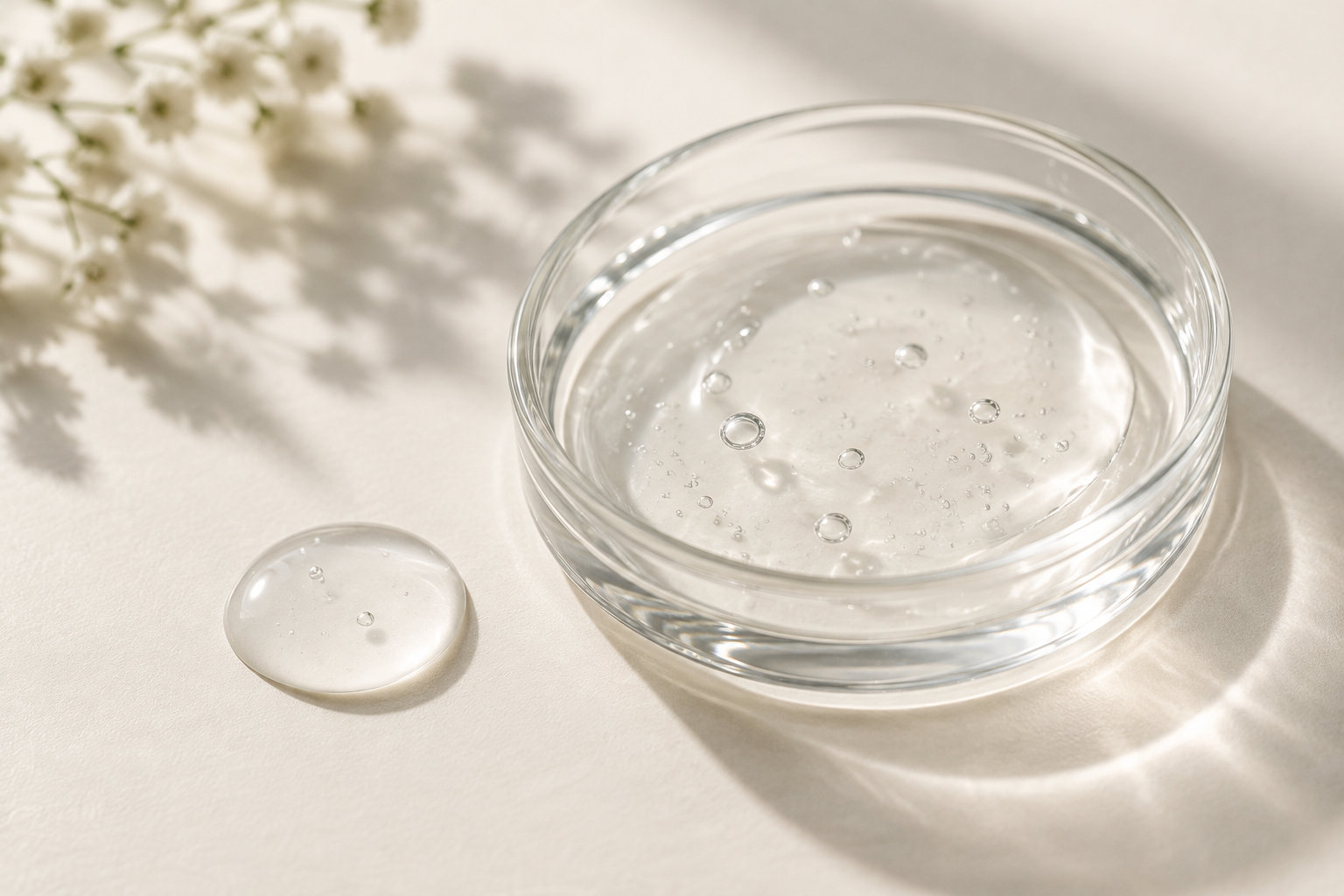 Une boîte de Petri contenant un gel transparent parsemé de bulles est posée à côté d’une goutte de gel sur une surface claire.