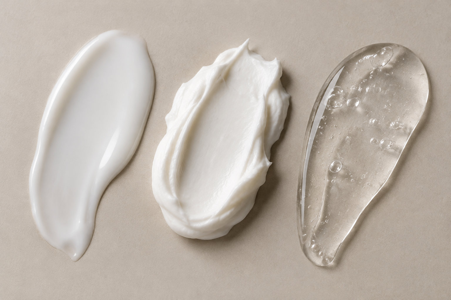 Trois textures de soin, une crème blanche fluide, une crème épaisse et un gel transparent à bulles, sont étalées sur un fond beige.