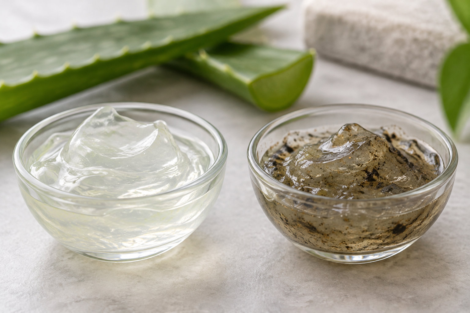 Deux bols en verre contiennent des gels, l’un transparent et l’autre brunâtre, avec des feuilles d’aloe vera à l’arrière-plan.