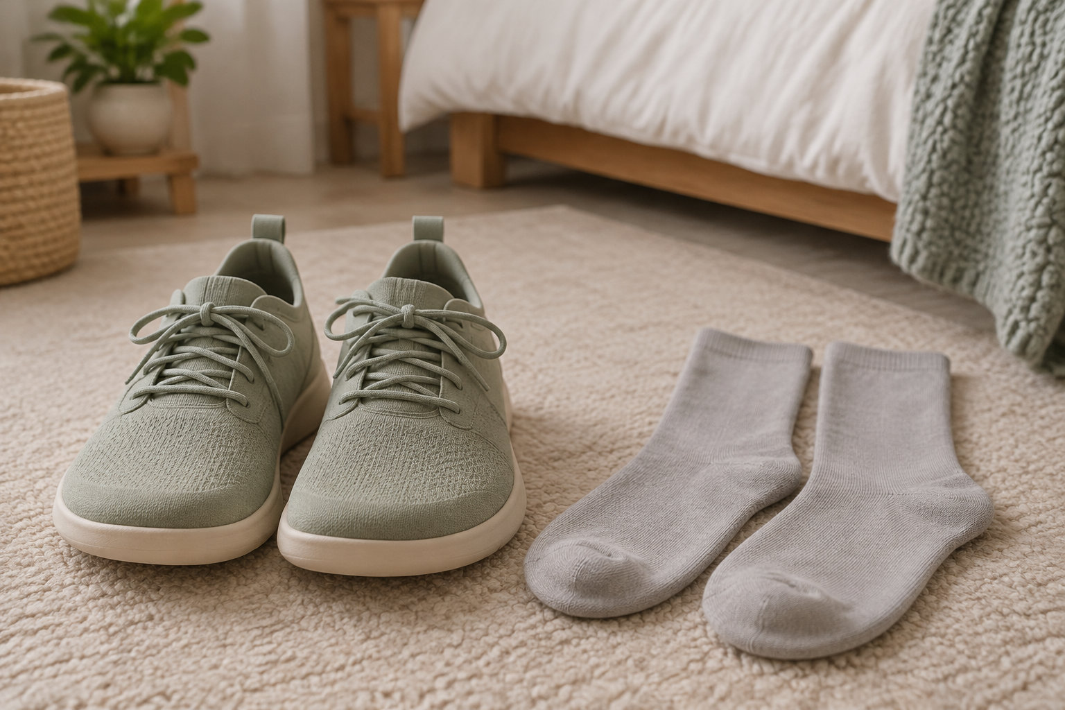 Une paire de chaussures de sport vert pâle et une paire de chaussettes grises sont posées sur un tapis dans une chambre.