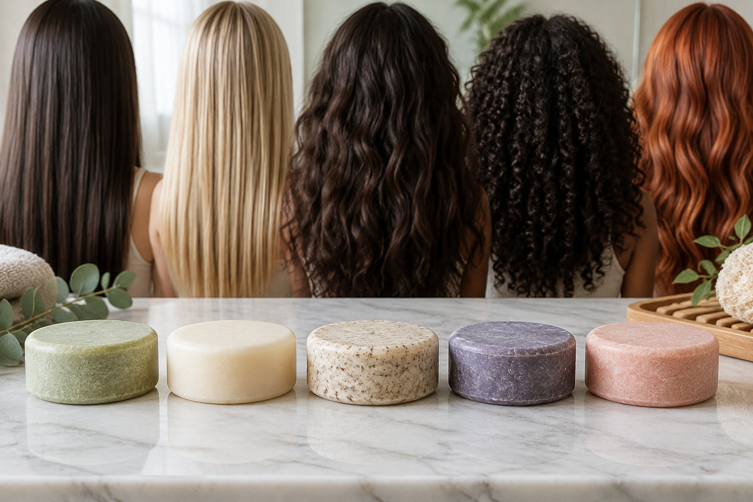 Cinq femmes vues de dos présentent différentes textures et couleurs de cheveux derrière une rangée de cinq pains de shampoing solide colorés sur un comptoir en marbre.