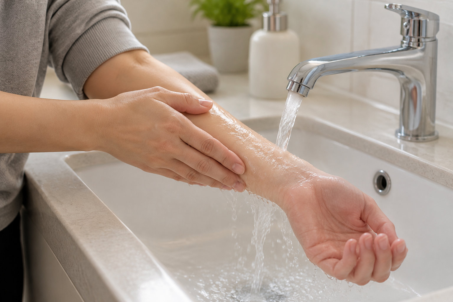 Une personne passe son avant-bras sous l’eau courante d’un robinet, au-dessus d’un lavabo.