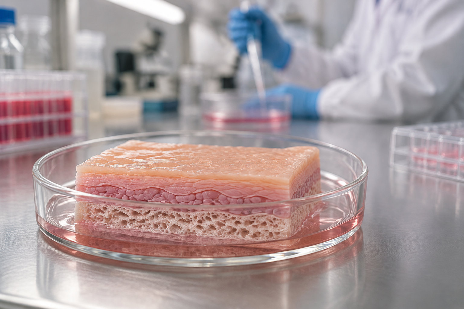 Un échantillon de tissu en couches repose dans une boîte de Pétri, tandis qu’une personne en blouse et gants bleus manipule une pipette en laboratoire.