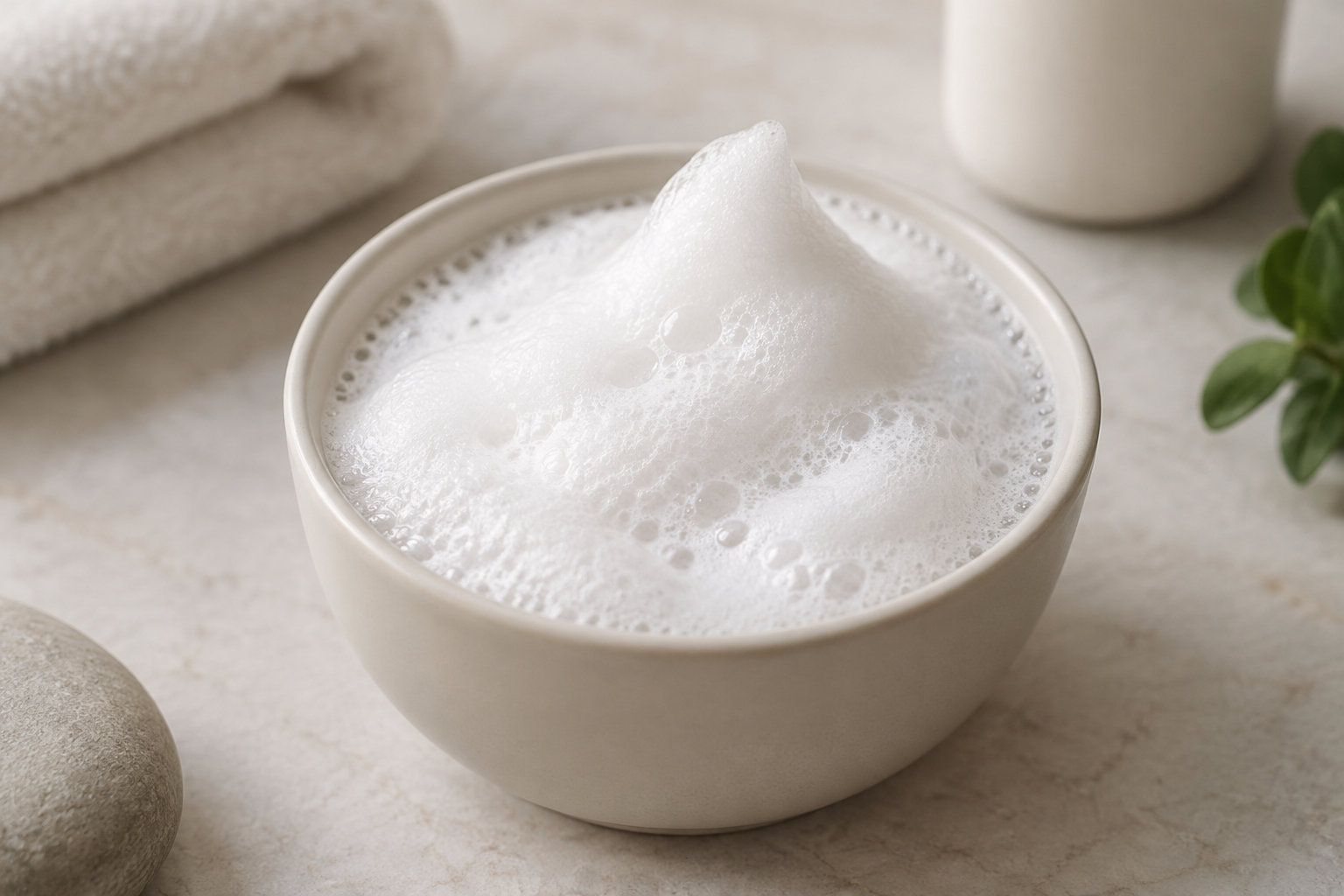 Un bol en céramique rempli de mousse blanche est posé sur un comptoir en pierre, avec un linge, un récipient et une plante en arrière-plan.