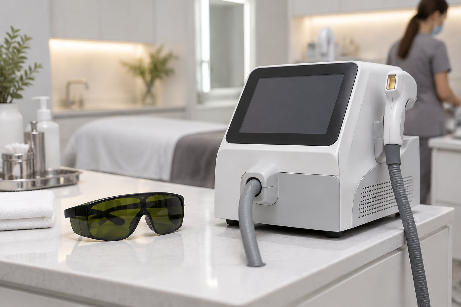 Un appareil de soin esthétique avec deux embouts et des lunettes de protection repose sur un comptoir, tandis qu’une personne en tenue médicale se tient à l’arrière-plan.
