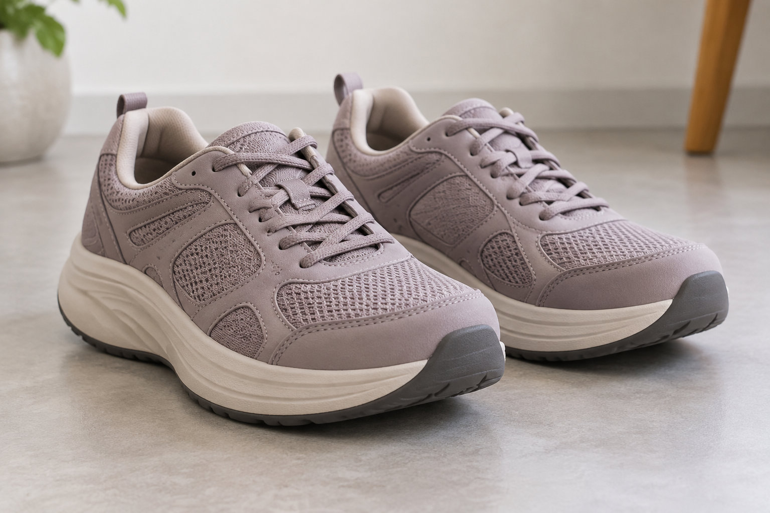 Une paire de chaussures de sport mauves à lacets est posée sur un sol clair, près d’une plante et d’un pied de meuble.