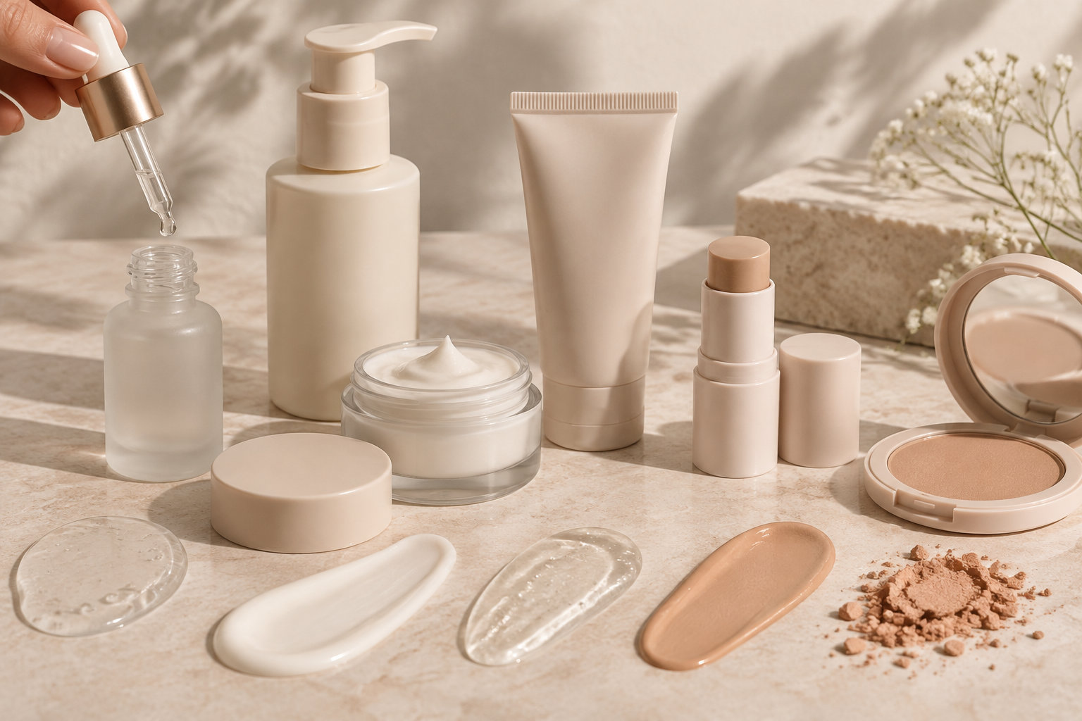 Plusieurs produits cosmétiques dans des contenants beiges sont disposés sur une surface en pierre, avec des échantillons de crème et de maquillage et une main tenant une pipette au-dessus d’un flacon.