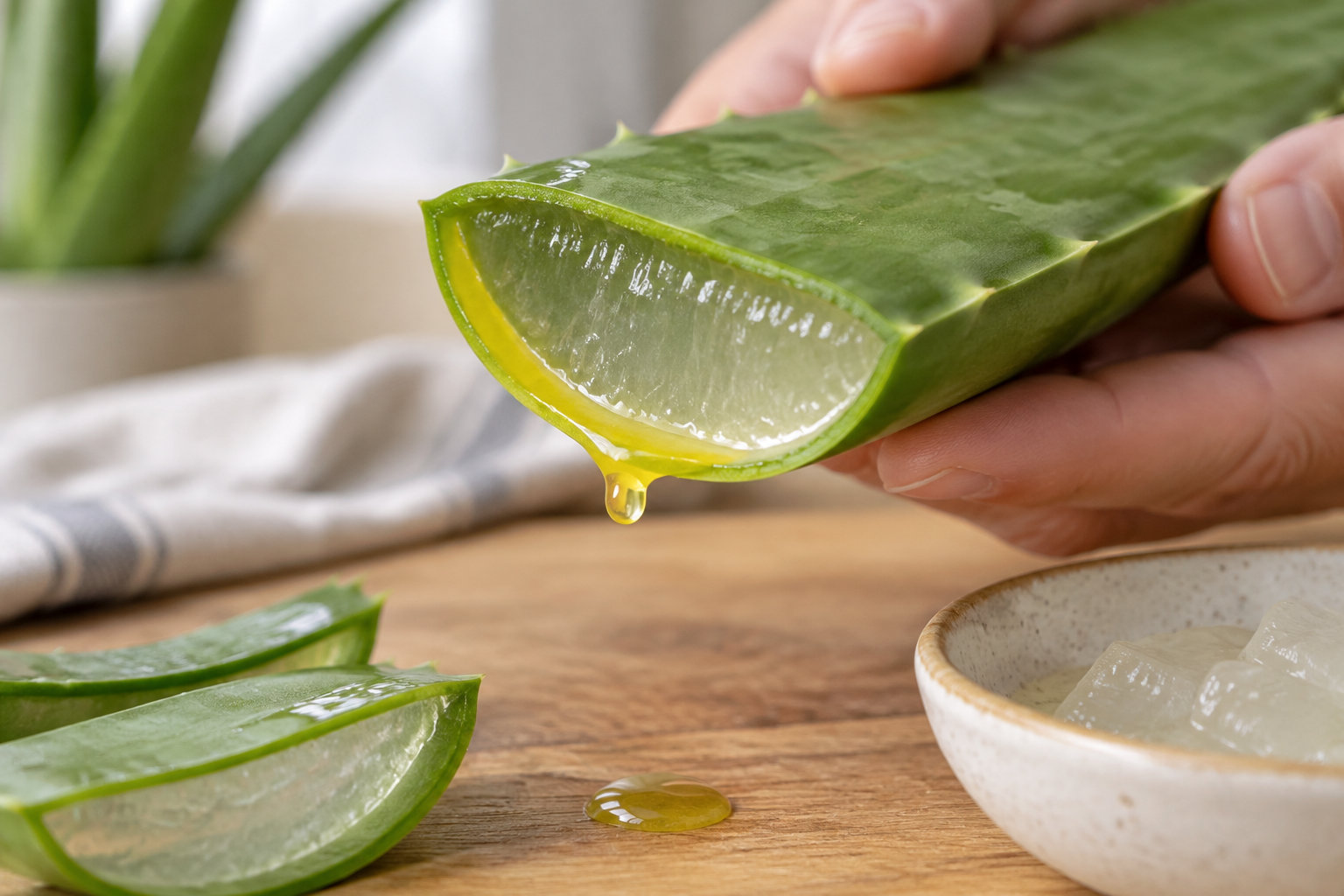 Une main tient une feuille d’aloès coupée dont le gel s’écoule sur une table en bois, près d’un bol et d’autres morceaux de feuille.