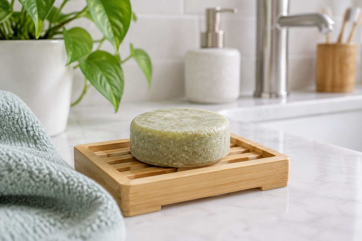 Un pain de savon solide repose sur un porte-savon en bois, près d’un lavabo, d’une serviette et d’une plante verte.