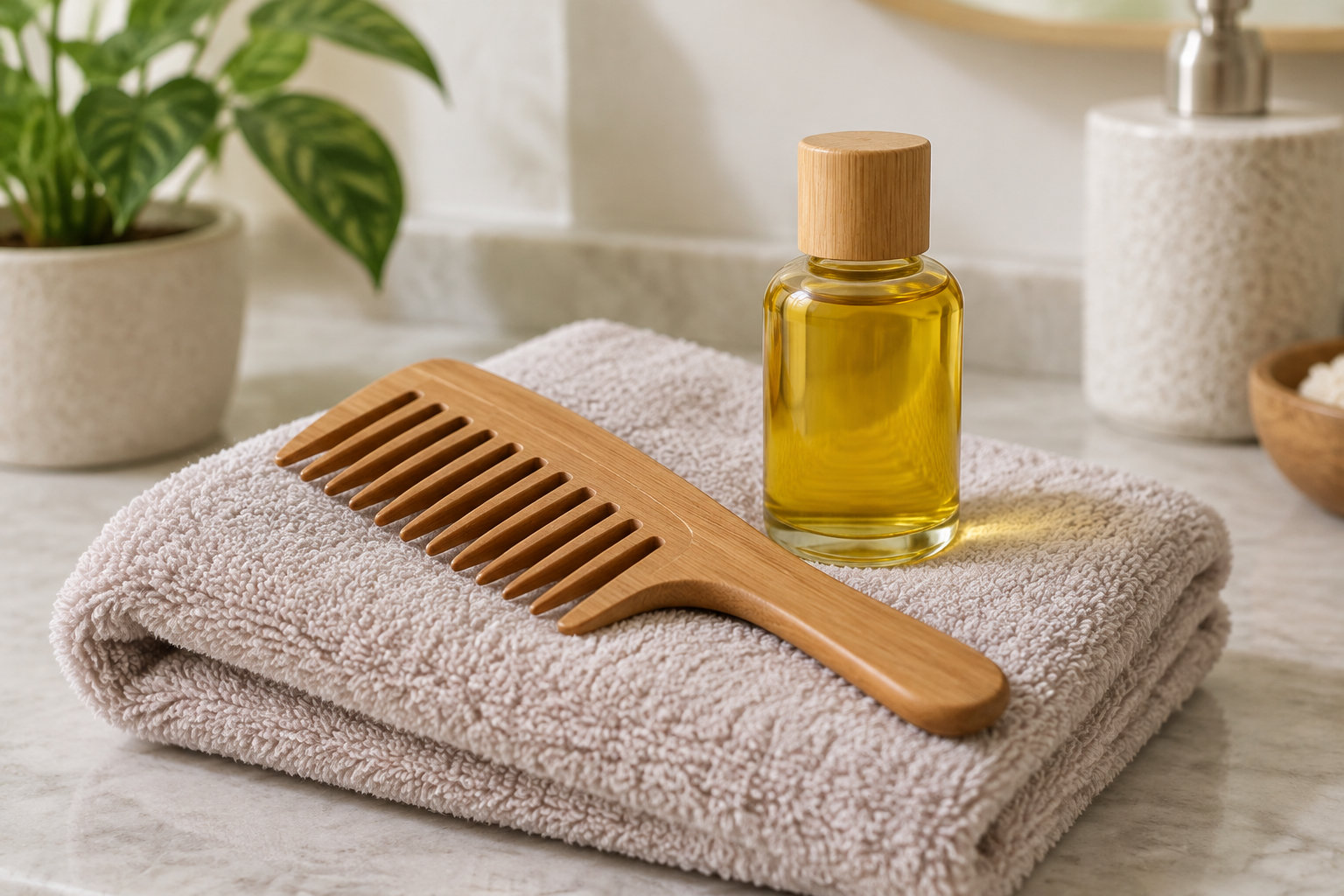 Un flacon d’huile et un peigne en bois sont posés sur une serviette pliée, près d’une plante.
