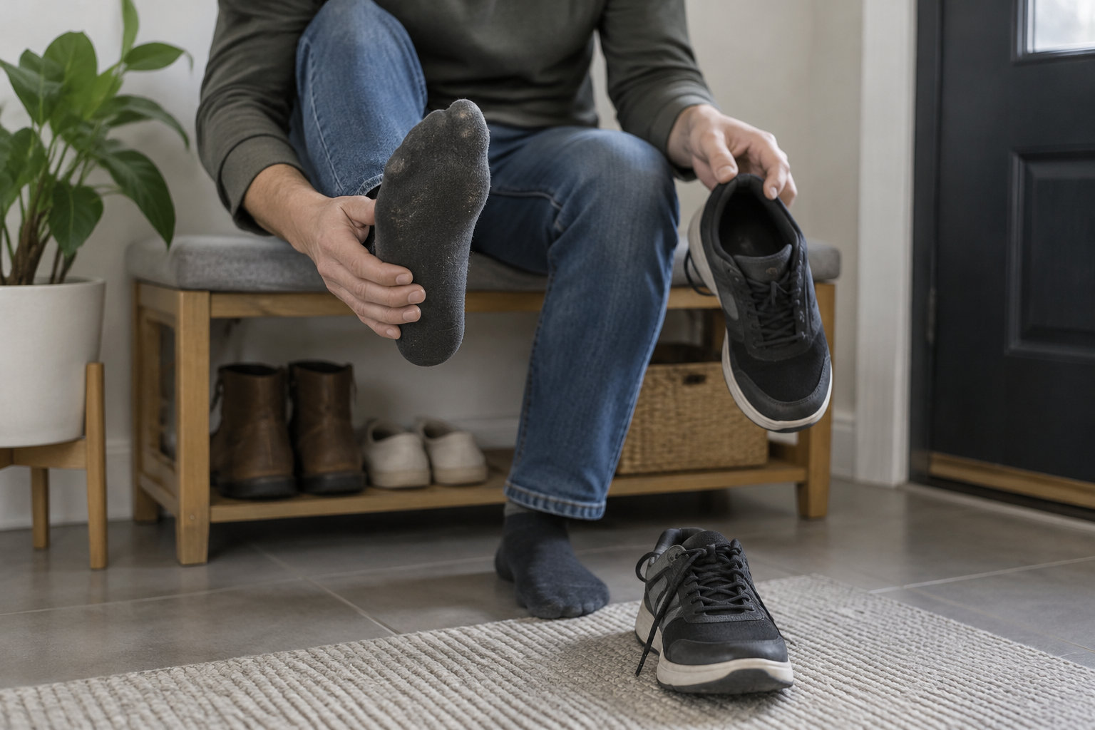 Une personne assise sur un banc tient un pied chaussé d’une chaussette et une chaussure de sport, tandis qu’une autre chaussure est posée sur un tapis.