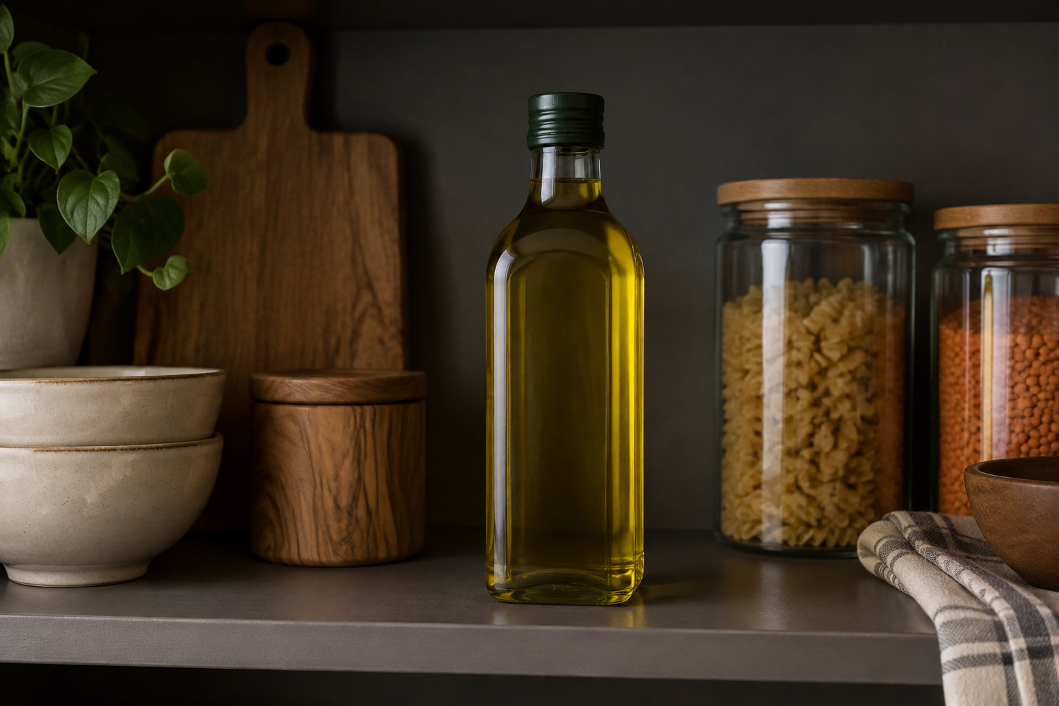 Une bouteille d’huile se trouve sur une étagère, entourée de bocaux de pâtes et de lentilles, de bols, d’ustensiles en bois et d’une plante.