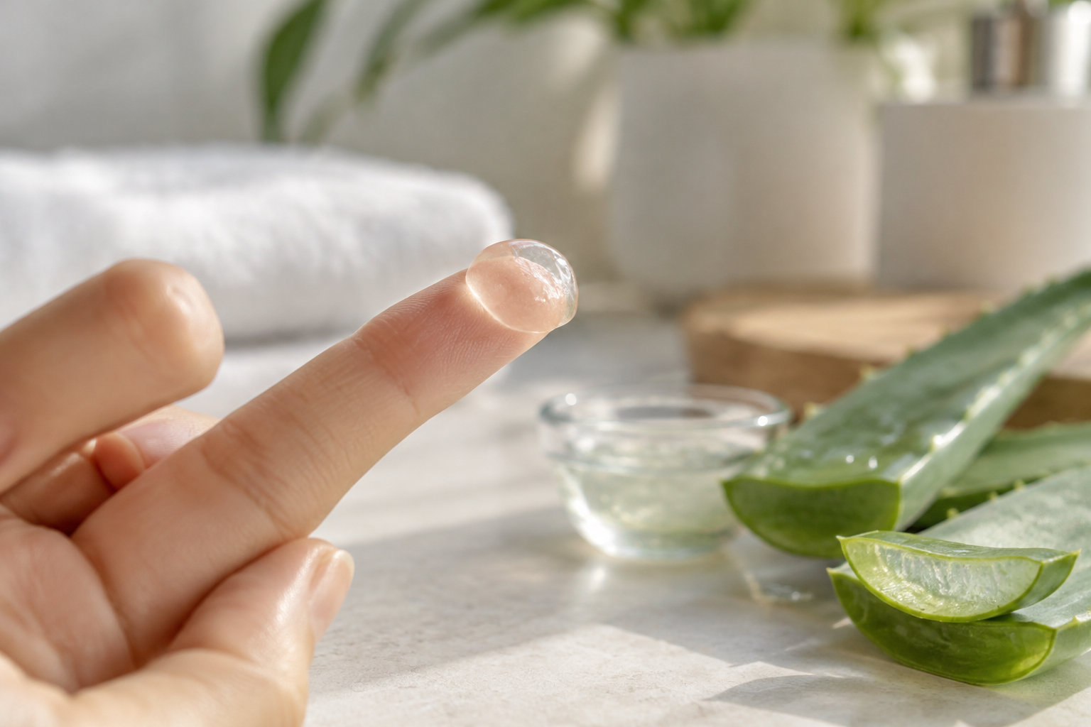 Un doigt tient une goutte de gel translucide devant des feuilles d’aloe vera coupées et un petit bol en verre.