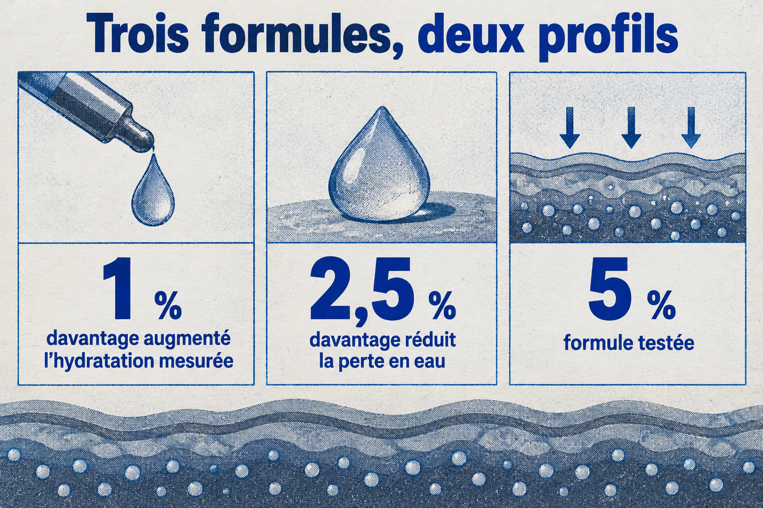 Parmi les concentrations testées, 1 % a davantage augmenté l’hydratation mesurée et 2,5 % a davantage réduit la perte en eau ; 5 % est également testé.