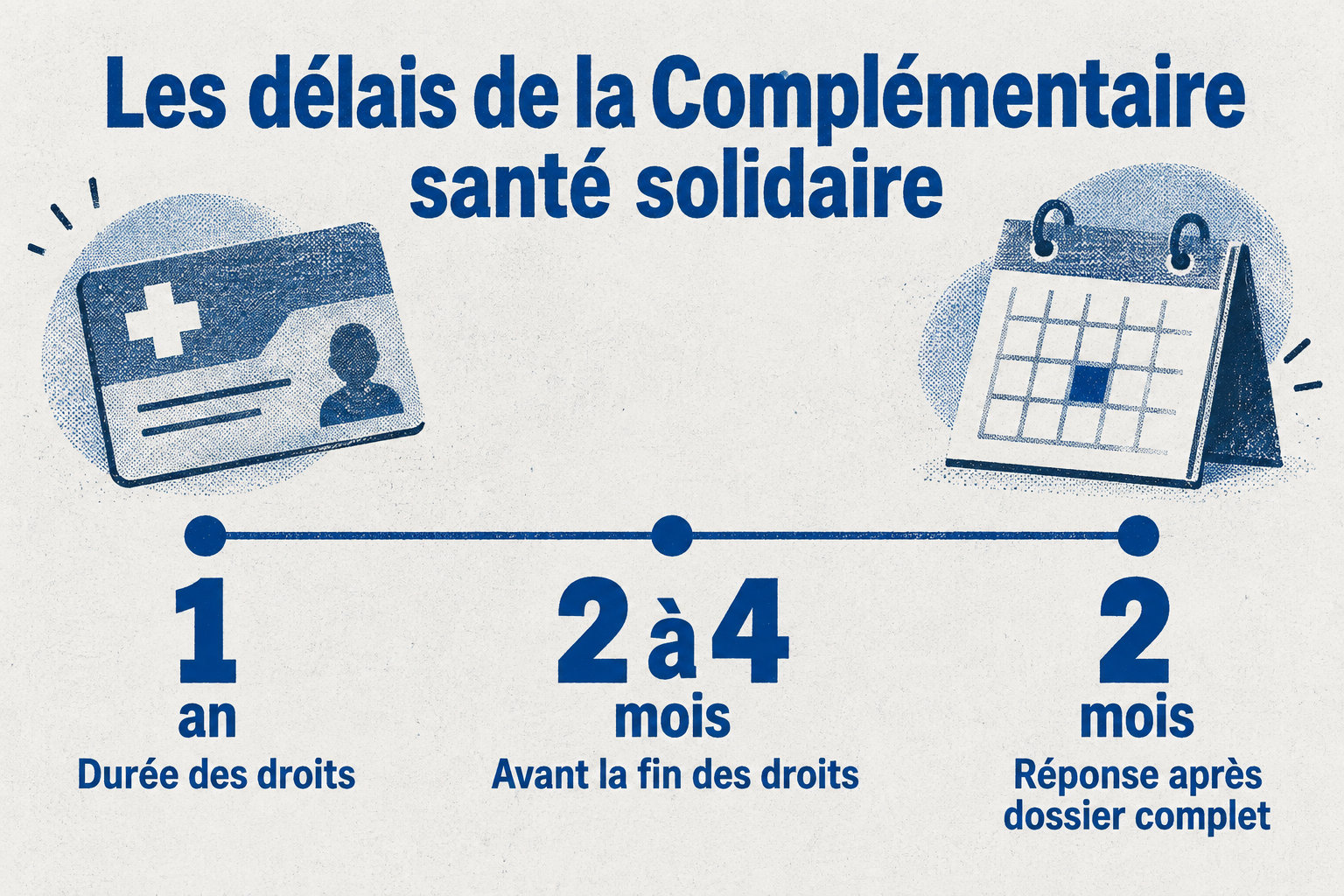 Les droits durent un an ; la demande de renouvellement se fait entre deux et quatre mois avant leur fin, et la caisse répond sous deux mois après réception d’un dossier complet.